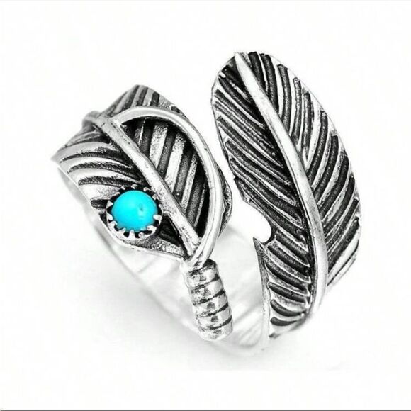 Boho Turquoise cuff adjustable feather ring - Picture 2 of 9
